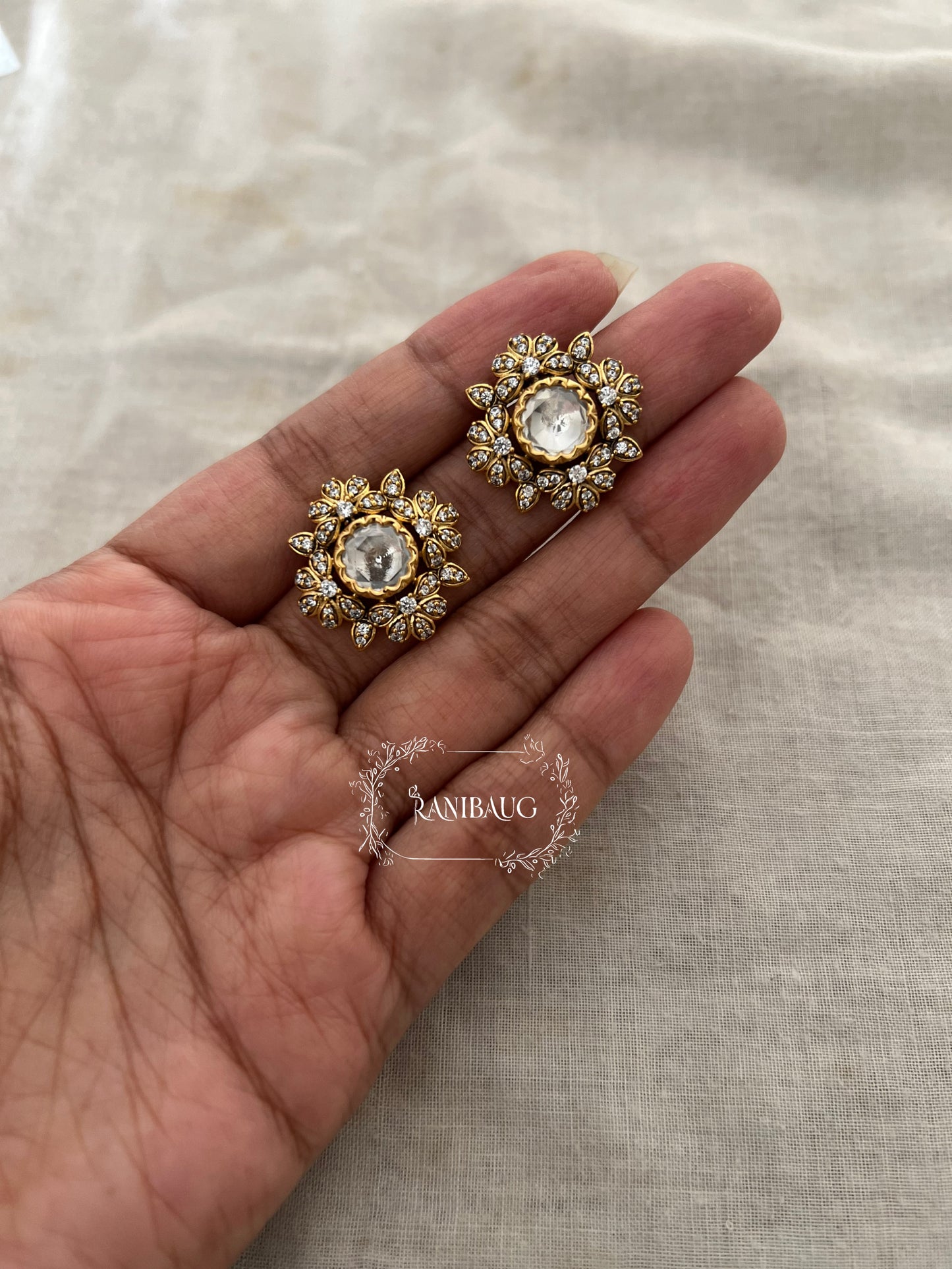 Akshara Polki Bloom Gold Finish Floral Ear Studs Jewellery By Ranibaug