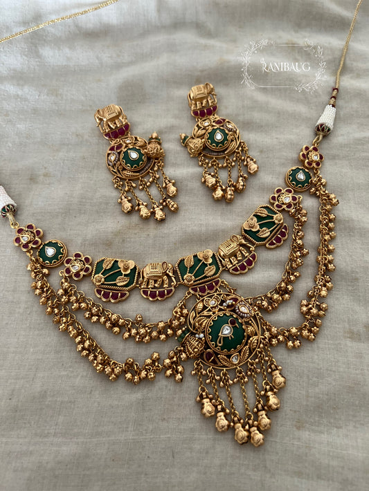 Akshya Antique Gold Finish Gold Fringe Embelishment Traditional Indian Heritage Jewelry Set By Ranibaug