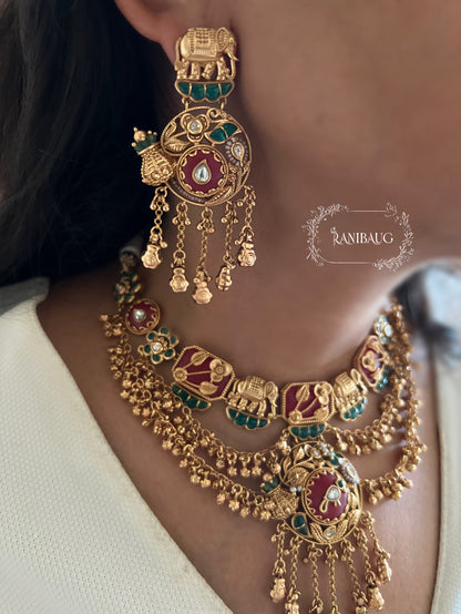 Akshya Antique Gold Finish Gold Fringe Embelishment Traditional Indian Heritage Jewelry Set By Ranibaug