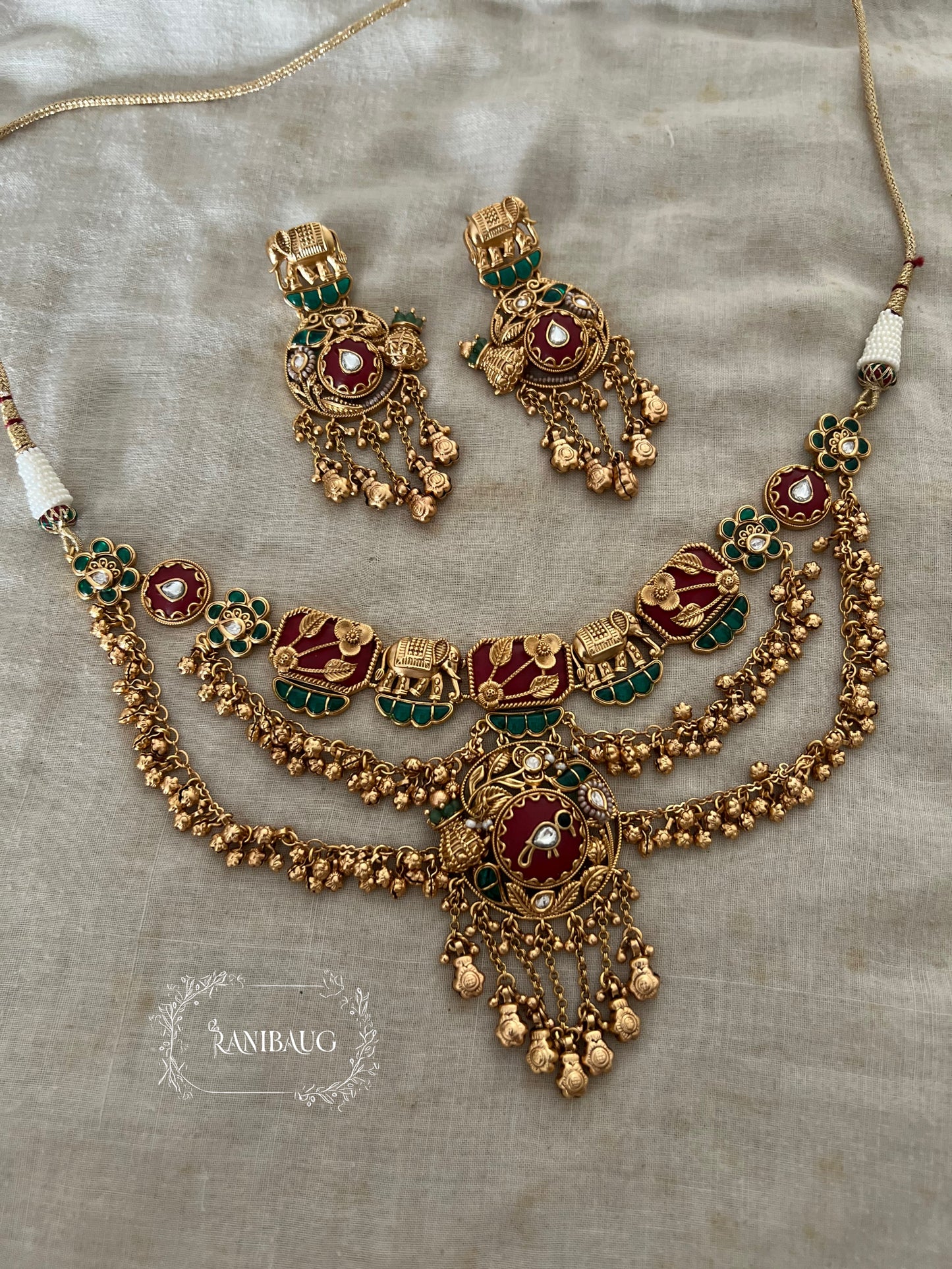 Akshya Antique Gold Finish Gold Fringe Embelishment Traditional Indian Heritage Jewelry Set By Ranibaug