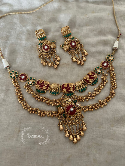 Akshya Antique Gold Finish Gold Fringe Embelishment Traditional Indian Heritage Jewelry Set By Ranibaug
