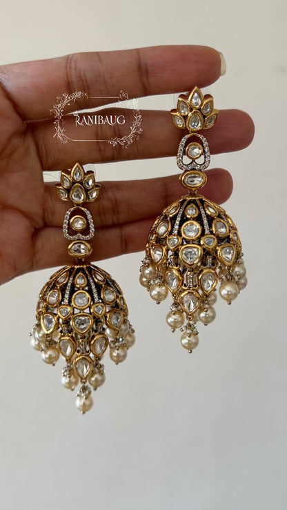 Alaana Regal Kundan-Polki Jhumka Earrings with Pearl Clusters in Antique Gold Finish by Ranibaug | Trendiest Wedding Earring Collection in India 2026