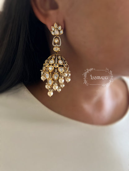 Alaana Regal Kundan-Polki Jhumka Earrings with Pearl Clusters in Antique Gold Finish by Ranibaug | Trendiest Wedding Earring Collection in India 2026