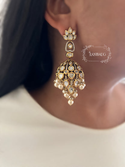 Alaana Regal Kundan-Polki Jhumka Earrings with Pearl Clusters in Antique Gold Finish by Ranibaug | Trendiest Wedding Earring Collection in India 2026