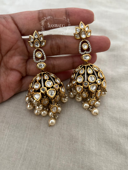 Alaana Regal Kundan-Polki Jhumka Earrings with Pearl Clusters in Antique Gold Finish by Ranibaug | Trendiest Wedding Earring Collection in India 2026