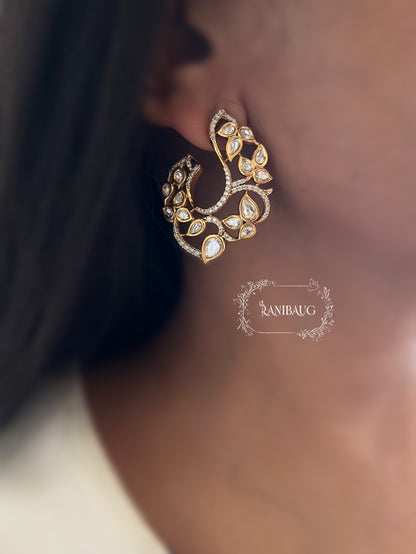 Alina Leaf Vines Premium Gold Finish Polki Leaves Ear Studs Earrings By Ranibaug