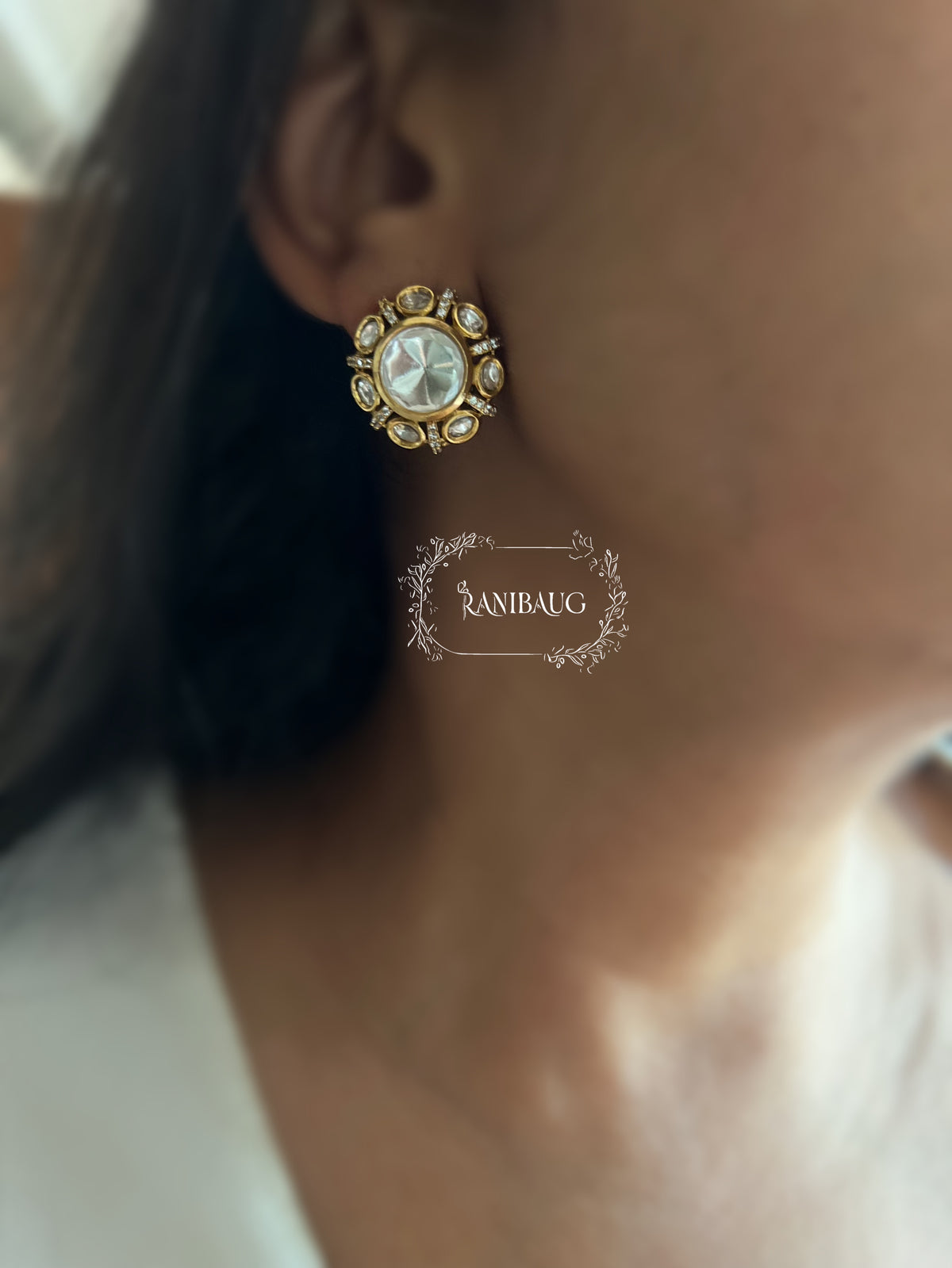 Alpi Polki Kundan Motif Gold Finish Classic Ear Studs By Ranibaug