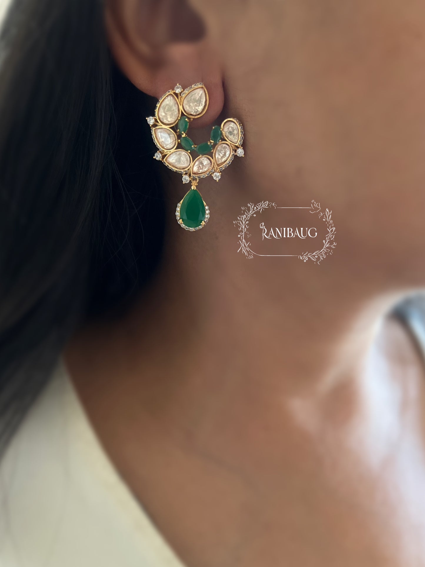 Amaira Polki Studded Green Teardrop Stone Motif Ear Stud By Ranibaug