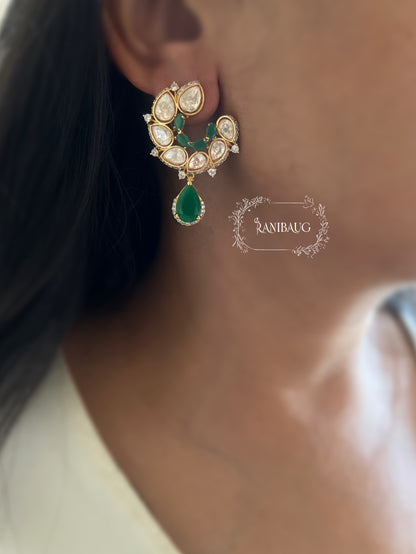 Amaira Polki Studded Green Teardrop Stone Motif Ear Stud By Ranibaug