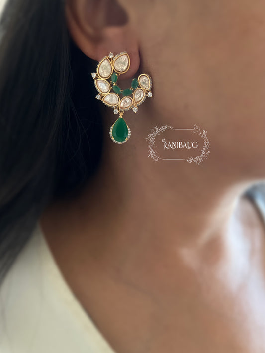 Amaira Polki Studded Green Teardrop Stone Motif Ear Stud By Ranibaug