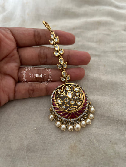 Amara Polki Pearl Adorned Royal Floral Fine Gold Plated Maang Tikka Jewellery By Ranibaug