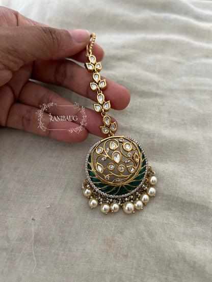 Amara Polki Pearl Adorned Royal Floral Fine Gold Plated Maang Tikka Jewellery By Ranibaug