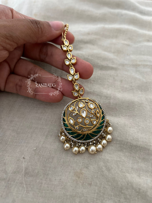 Amara Polki Pearl Adorned Royal Floral Fine Gold Plated Maang Tikka Jewellery By Ranibaug