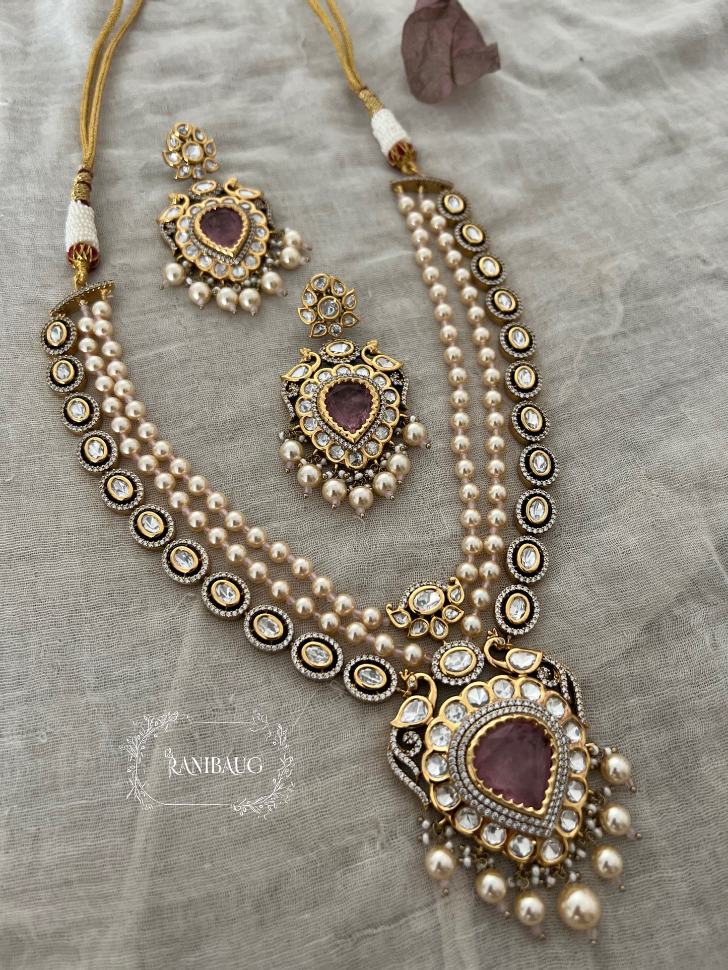 Amara Royal Gold Finish Mossainite Polki Studded Creamy Pearls Adorned Vintage Necklace Jewelry Set By Ranibaug
