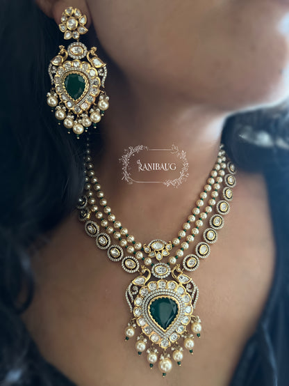 Amara Royal Gold Finish Mossainite Polki Studded Creamy Pearls Adorned Vintage Necklace Jewelry Set By Ranibaug