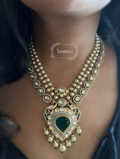 Amara Royal Gold Finish Mossainite Polki Studded Creamy Pearls Adorned Vintage Necklace Jewelry Set By Ranibaug