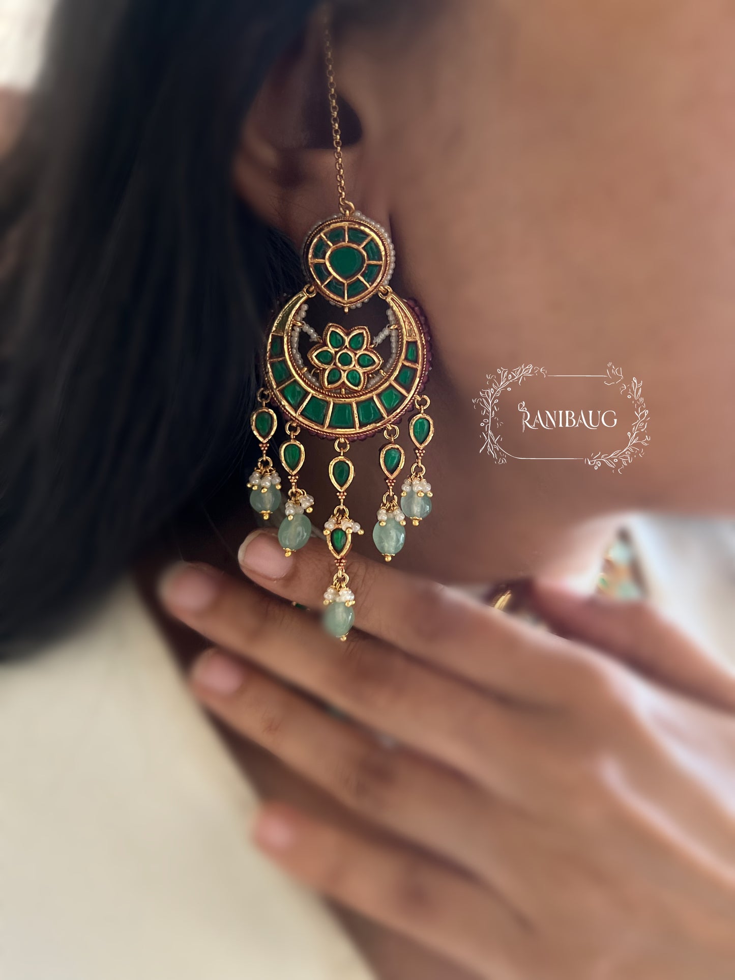 Amayra Moon Crescent Chand Motif Inspired Pastel Mint Stone Drops Gold Finish Choker Set By Ranibaug
