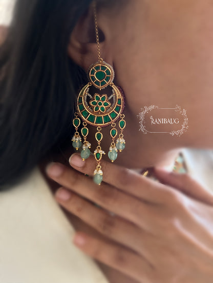 Amayra Moon Crescent Chand Motif Inspired Pastel Mint Stone Drops Gold Finish Choker Set By Ranibaug