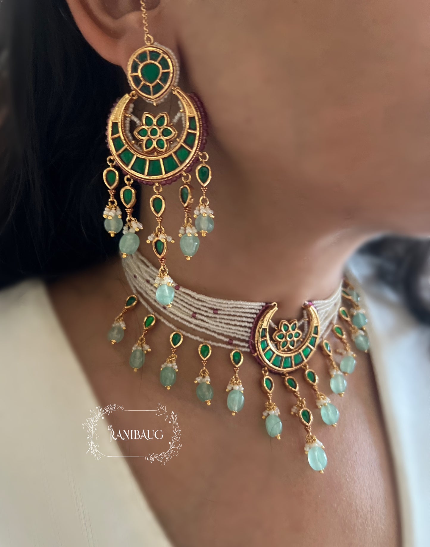 Amayra Moon Crescent Chand Motif Inspired Pastel Mint Stone Drops Gold Finish Choker Set By Ranibaug