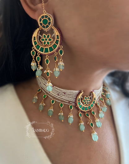 Amayra Moon Crescent Chand Motif Inspired Pastel Mint Stone Drops Gold Finish Choker Set By Ranibaug