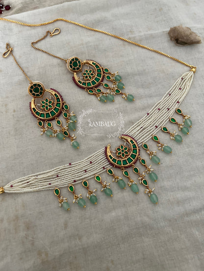 Amayra Moon Crescent Chand Motif Inspired Pastel Mint Stone Drops Gold Finish Choker Set By Ranibaug