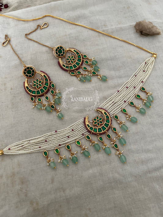 Amayra Moon Crescent Chand Motif Inspired Pastel Mint Stone Drops Gold Finish Choker Set By Ranibaug