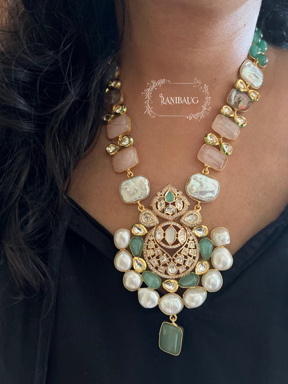Ameya Semi Precious Necklace Jewellery Set Featuring Real Freshwater Pearl Motifs And Agates Dublets In Rich Gold Tone By Ranibaug | Semi Precious Real Jewellery Collection 2026