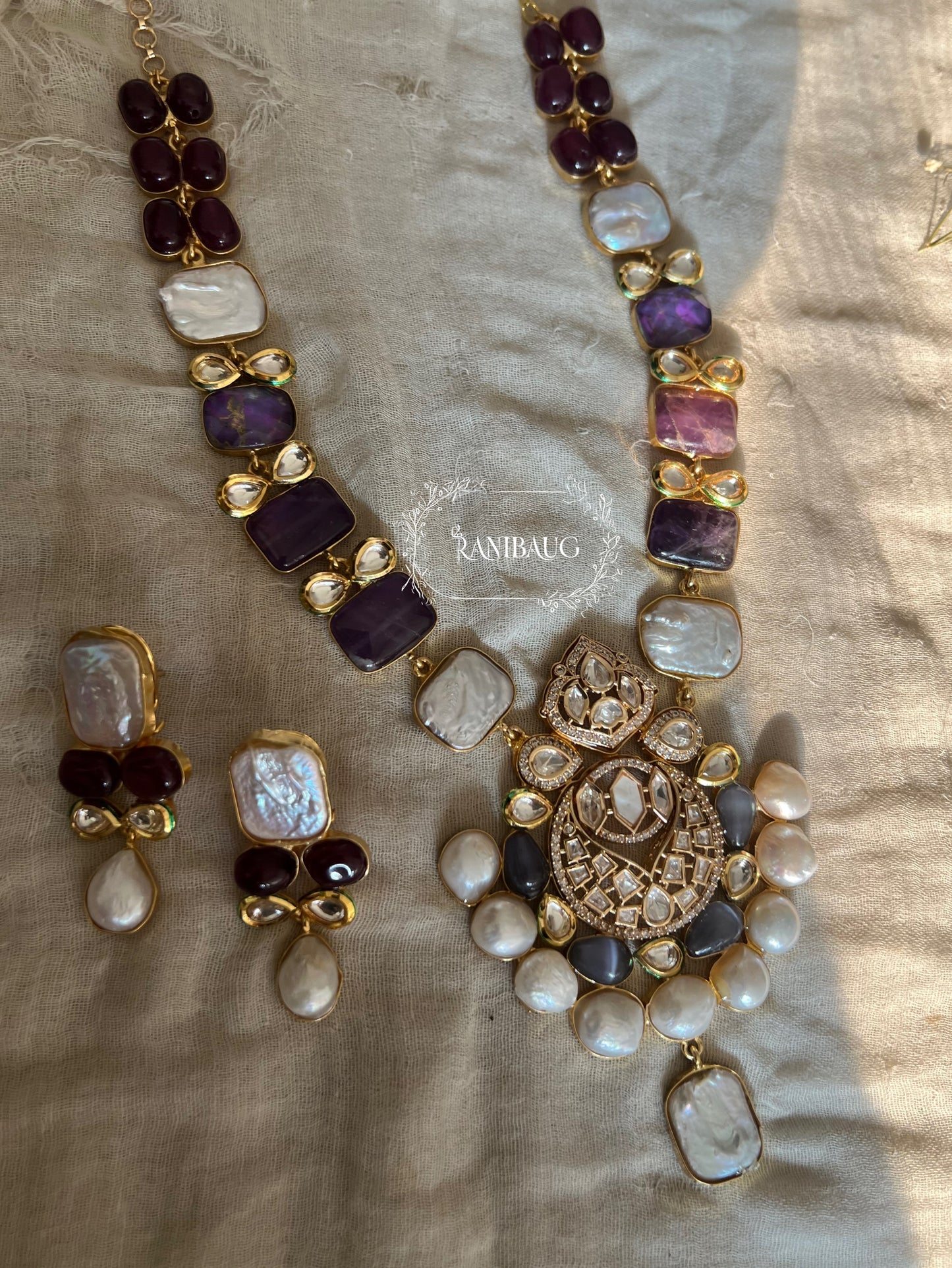 Ameya Semi Precious Necklace Jewellery Set Featuring Real Freshwater Pearl Motifs And Agates Dublets In Rich Gold Tone By Ranibaug | Semi Precious Real Jewellery Collection 2026