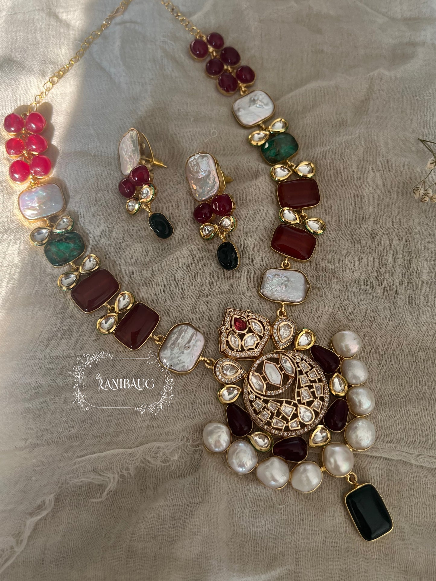 Ameya Semi Precious Necklace Jewellery Set Featuring Real Freshwater Pearl Motifs And Agates Dublets In Rich Gold Tone By Ranibaug | Semi Precious Real Jewellery Collection 2026