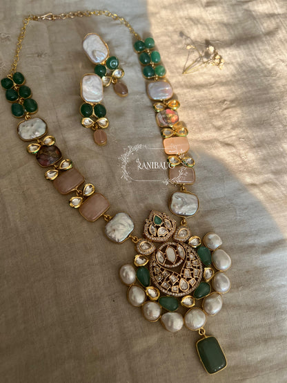 Ameya Semi Precious Necklace Jewellery Set Featuring Real Freshwater Pearl Motifs And Agates Dublets In Rich Gold Tone By Ranibaug | Semi Precious Real Jewellery Collection 2026