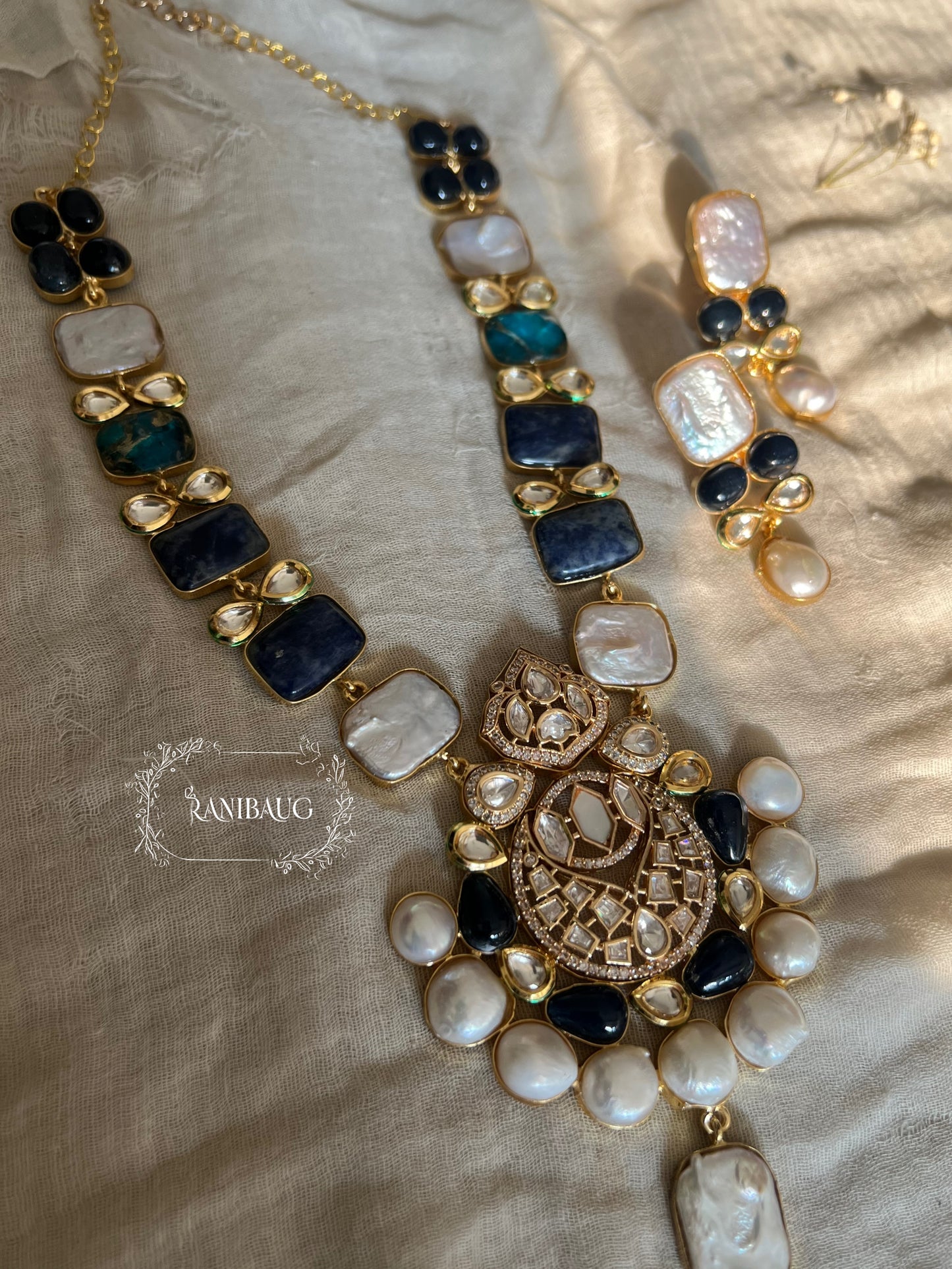 Ameya Semi Precious Necklace Jewellery Set Featuring Real Freshwater Pearl Motifs And Agates Dublets In Rich Gold Tone By Ranibaug | Semi Precious Real Jewellery Collection 2026