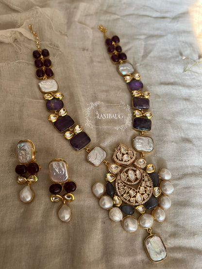 Ameya Semi Precious Necklace Jewellery Set Featuring Real Freshwater Pearl Motifs And Agates Dublets In Rich Gold Tone By Ranibaug | Semi Precious Real Jewellery Collection 2026