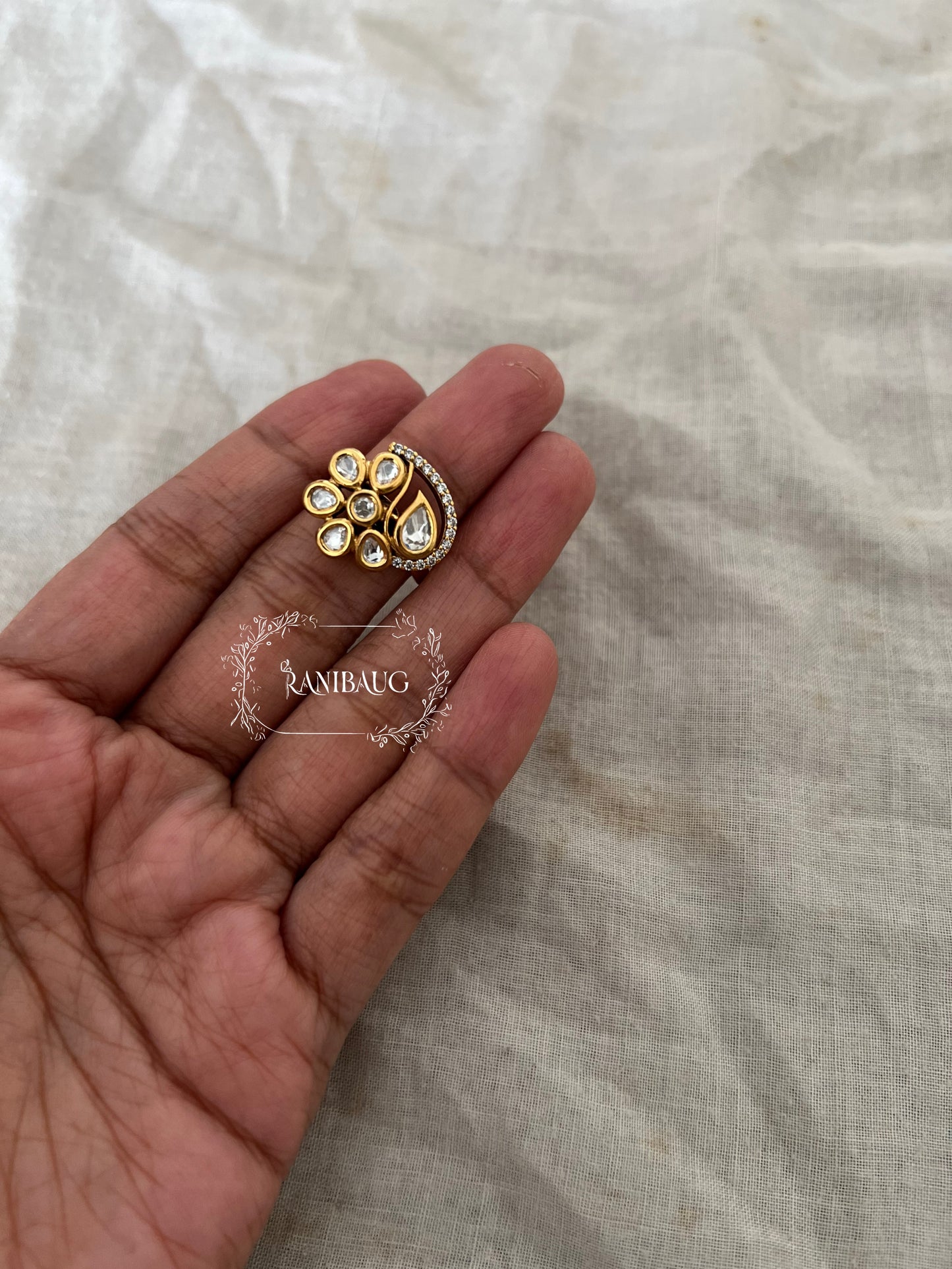 Amira Bloom Floral Bud Kundan Studded Gold Finish Minimal Cute Ring By Ranibaug