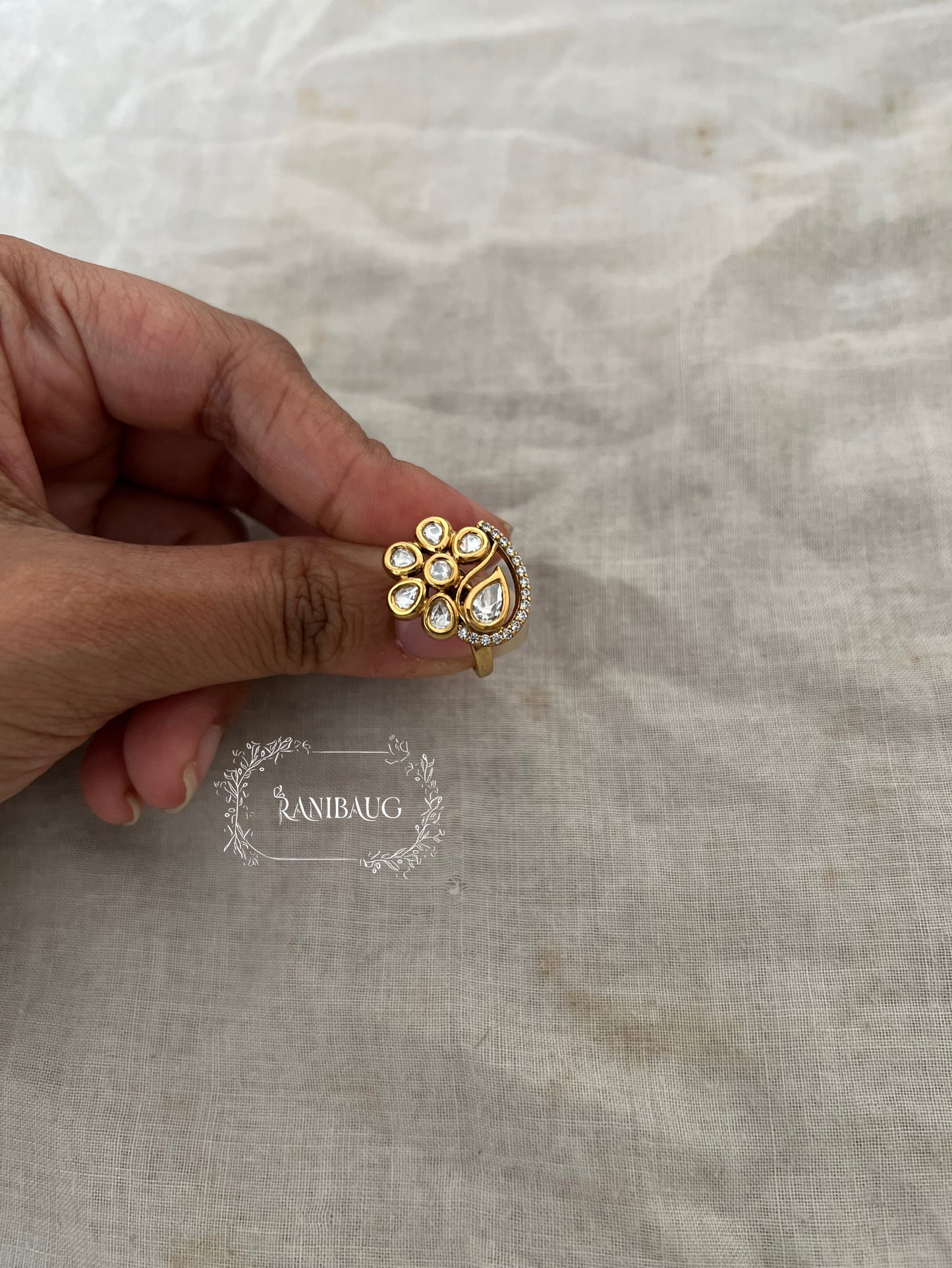 Amira Bloom Floral Bud Kundan Studded Gold Finish Minimal Cute Ring By Ranibaug
