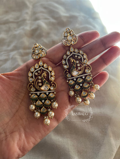 Amisha Antique Gold Victorian Finish Statement Peacock Polki Dangler Earrings With Pearl Fringe By Ranibaug | 2026 Festive Earrings Collection