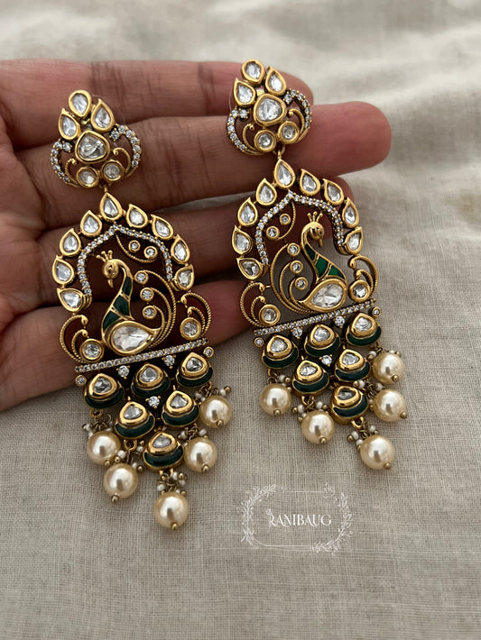 Amisha Antique Gold Victorian Finish Statement Peacock Polki Dangler Earrings With Pearl Fringe By Ranibaug | 2026 Festive Earrings Collection