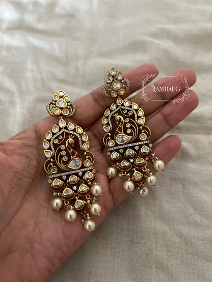Amisha Antique Gold Victorian Finish Statement Peacock Polki Dangler Earrings With Pearl Fringe By Ranibaug | 2026 Festive Earrings Collection