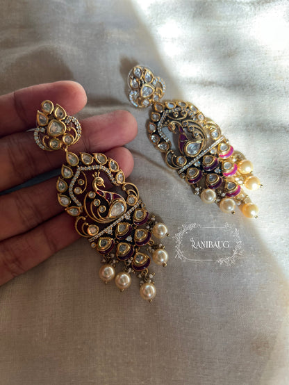Amisha Antique Gold Victorian Finish Statement Peacock Polki Dangler Earrings With Pearl Fringe By Ranibaug | 2026 Festive Earrings Collection