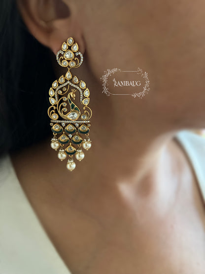 Amisha Antique Gold Victorian Finish Statement Peacock Polki Dangler Earrings With Pearl Fringe By Ranibaug | 2026 Festive Earrings Collection