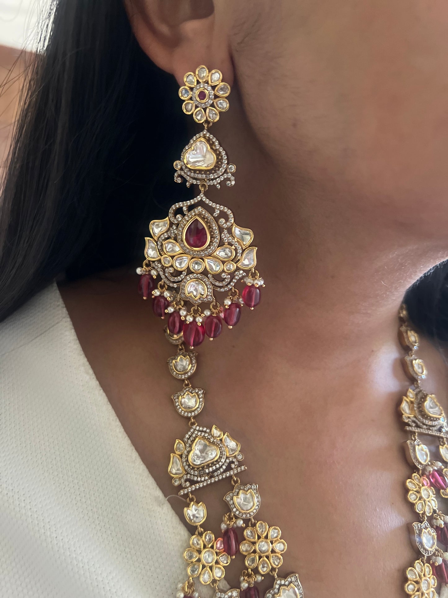 Amrita Double Layered Ruby Red Bead Accents Polki Studded Necklace In Premium Gold Finish By Ranibaug