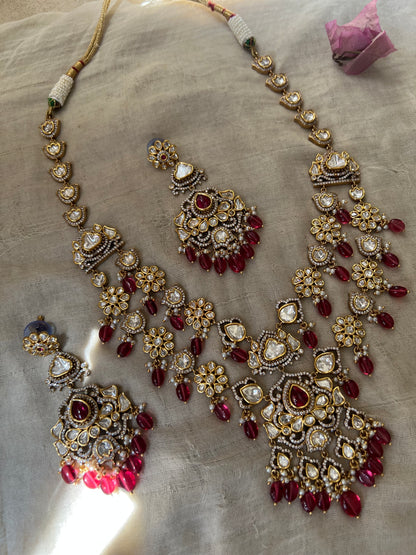 Amrita Double Layered Ruby Red Bead Accents Polki Studded Necklace In Premium Gold Finish By Ranibaug