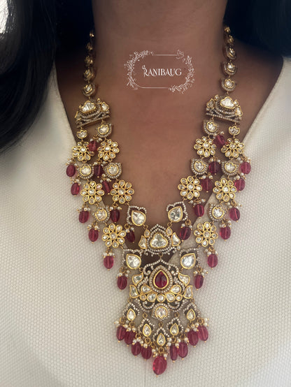 Amrita Double Layered Ruby Red Bead Accents Polki Studded Necklace In Premium Gold Finish By Ranibaug