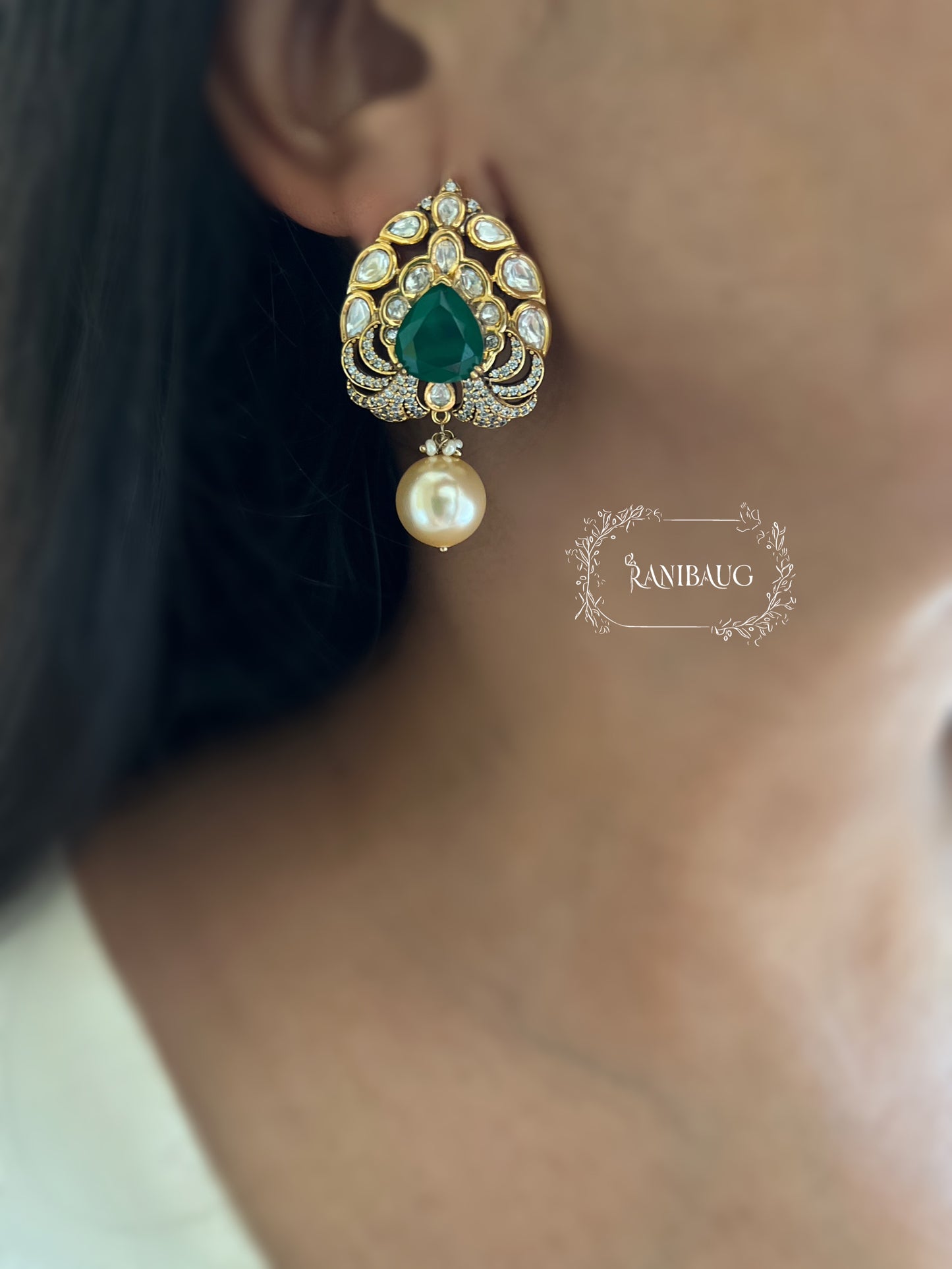 Amrita Small Polki Kundan Stud Earrings With Dangling Pearl By Ranibaug