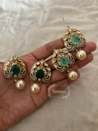 Amrita Small Polki Kundan Stud Earrings With Dangling Pearl By Ranibaug