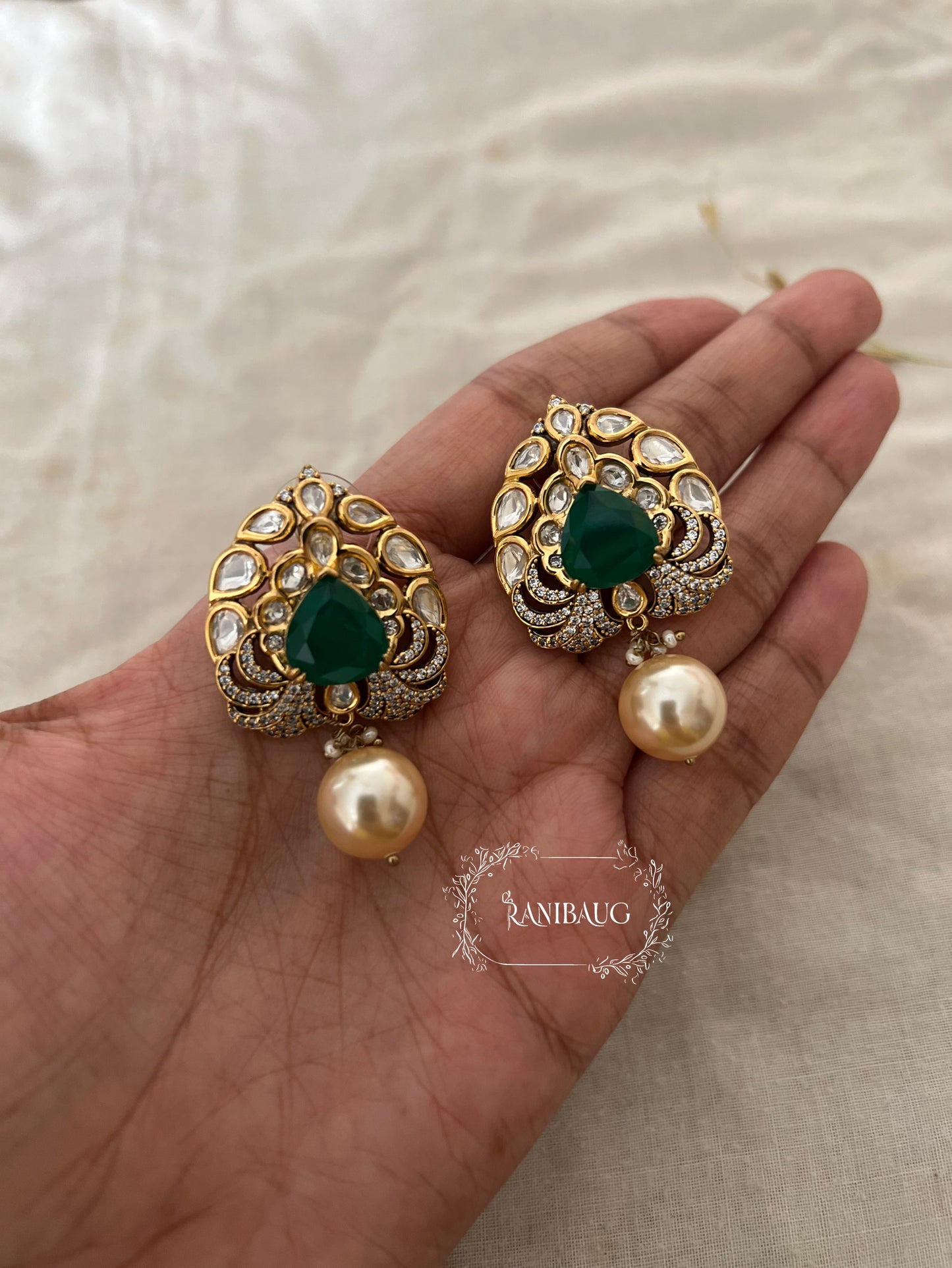 Amrita Small Polki Kundan Stud Earrings With Dangling Pearl By Ranibaug