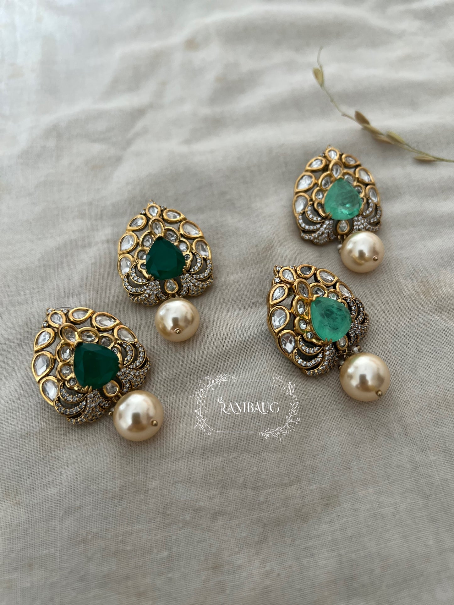 Amrita Small Polki Kundan Stud Earrings With Dangling Pearl By Ranibaug