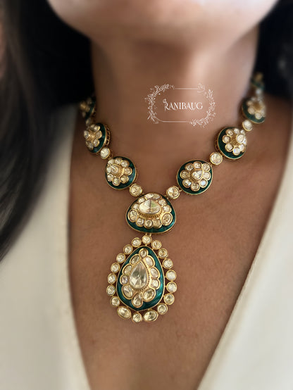 Amulya Gold Finish Kundan Teardrop Polki Necklace Set By Ranibaug