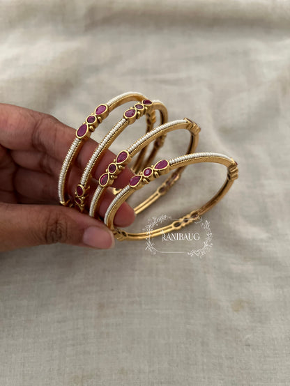 Anagha Ranibaug Heritage Ruby Pearl Thin Minimal Gold Bangles (Set Of 4)