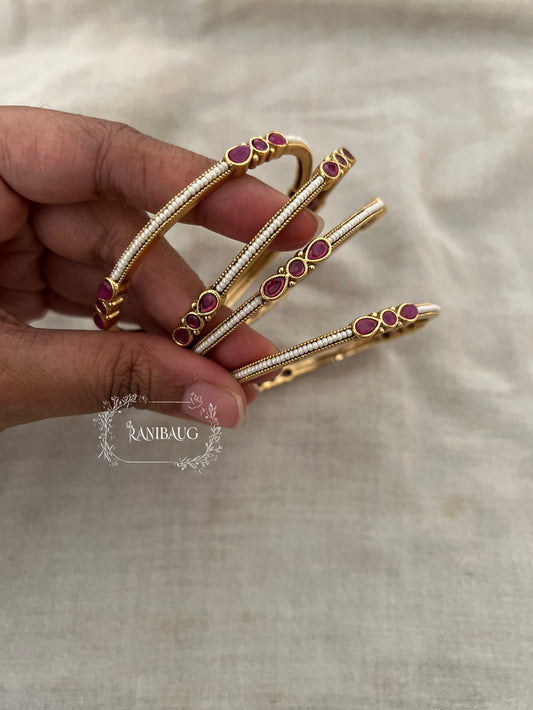 Anagha Ranibaug Heritage Ruby Pearl Thin Minimal Gold Bangles (Set Of 4)