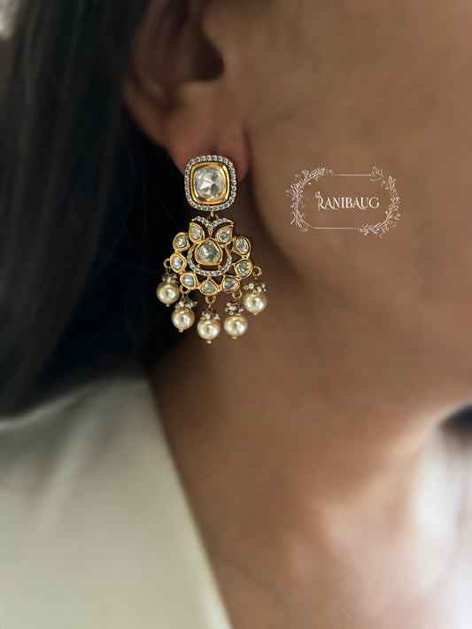 Anahita Kundan Polki Earrings With Pearl Drops | Antique Gold Plated Indian Traditional Studs By Ranibaug